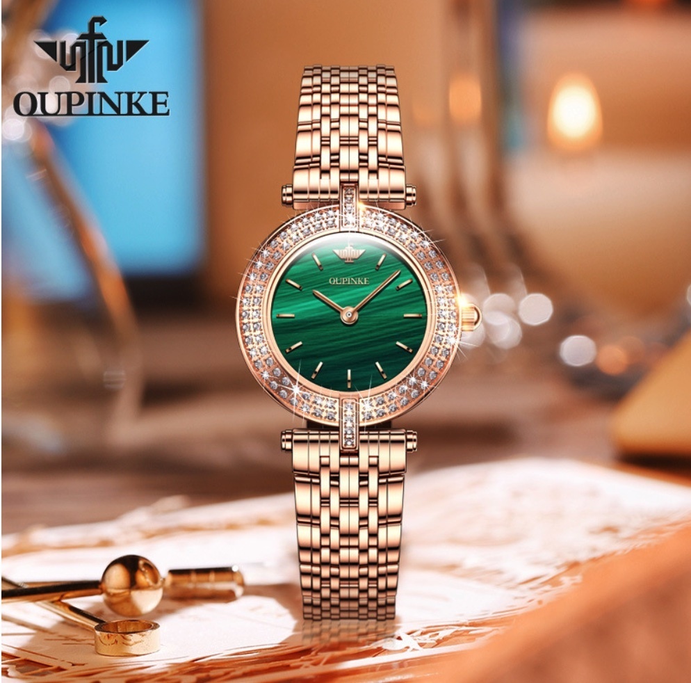 Hot selling European Pincus diamond-set English watch for women (steel band, rose gold, green face, women's watch)