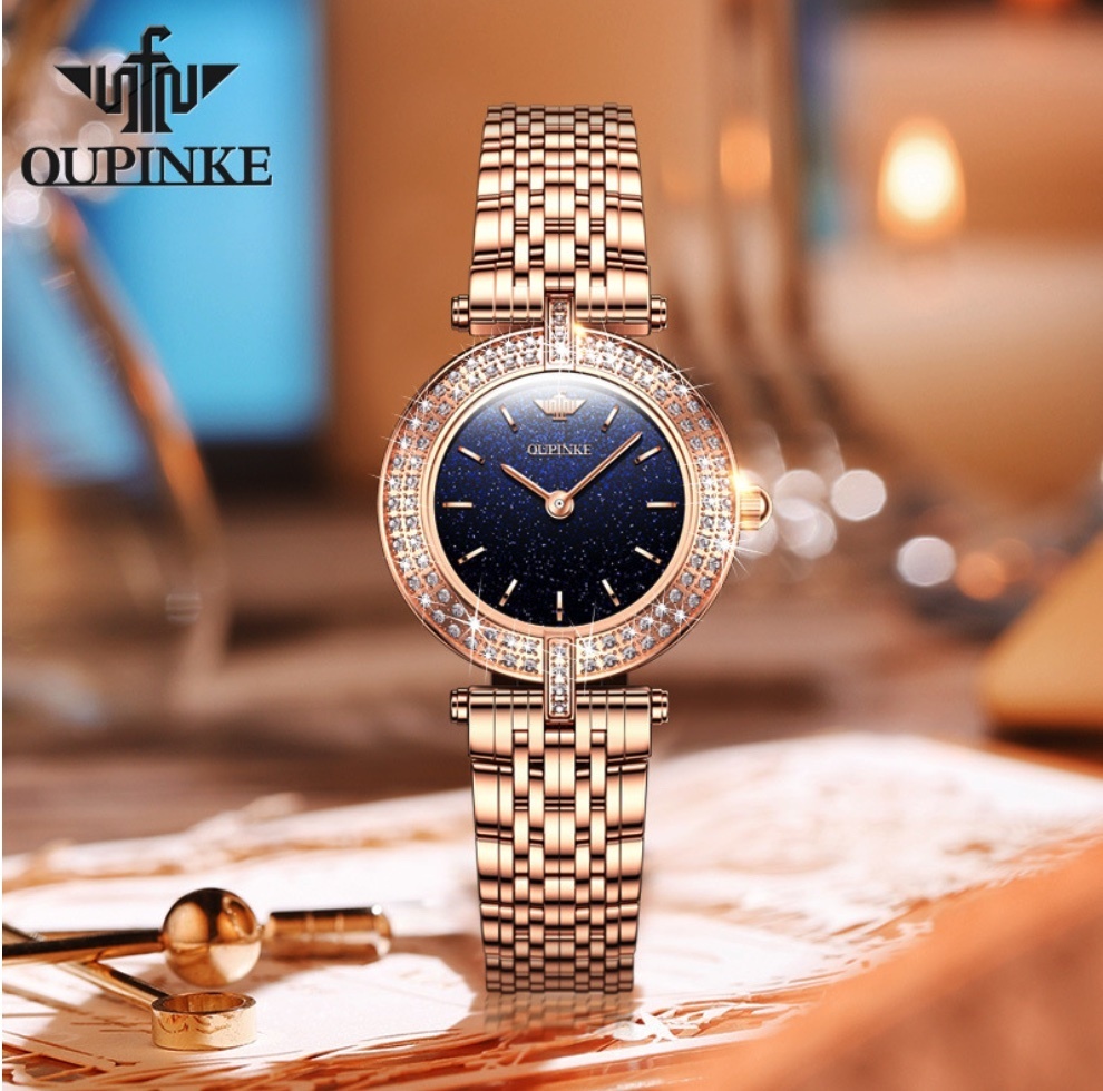 Hot selling European Pincus diamond-set English watch for women (steel band, rose gold, blue face, women's watch)