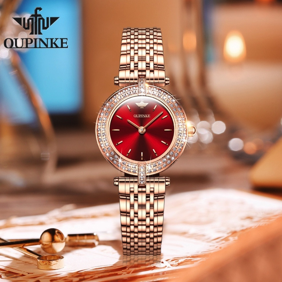 Hot selling European Pincus diamond-set English watch for women (steel strap rose gold red face for women)
