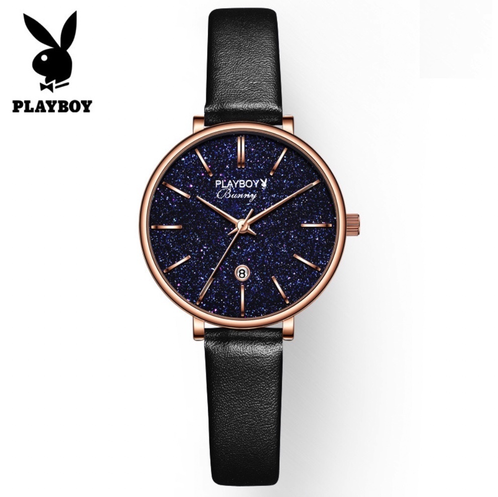 Hot Selling PLAYBOY Quartz Watch Women's Watch (Black Leather Rose Shell Dark Side Women)