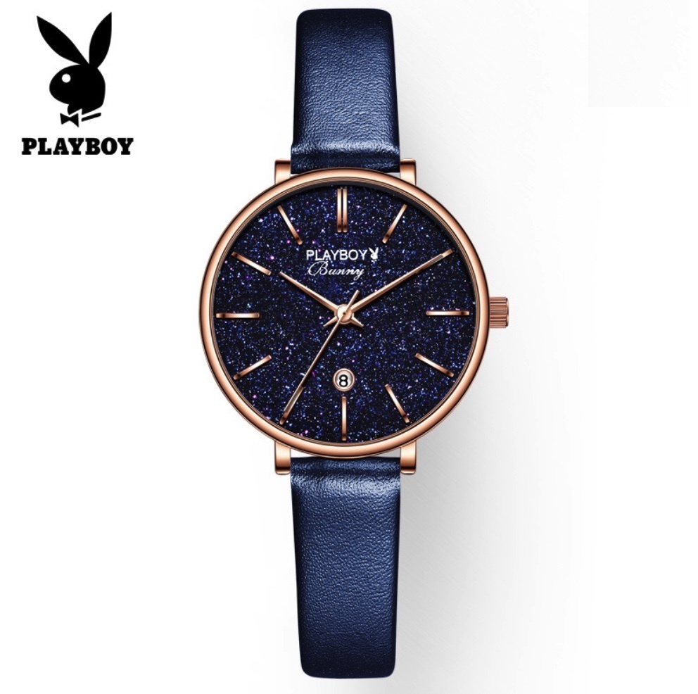Hot Selling PLAYBOY Quartz Watch Women's Watch (Blue Leather Rose Shell Dark Side Women's Watch)