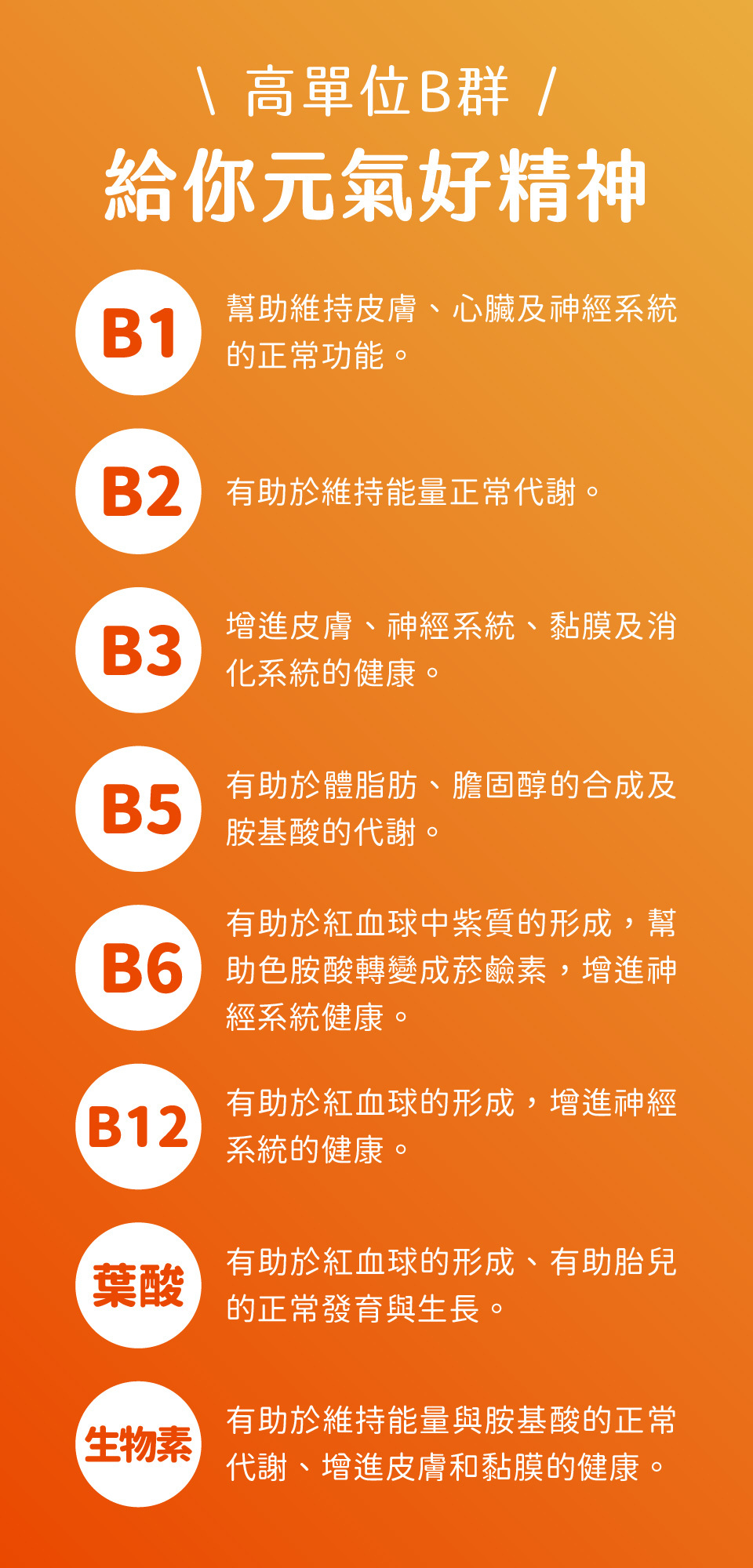 高單位維生素B群，幫助快速補充體力，使精神旺盛的客製化保健品