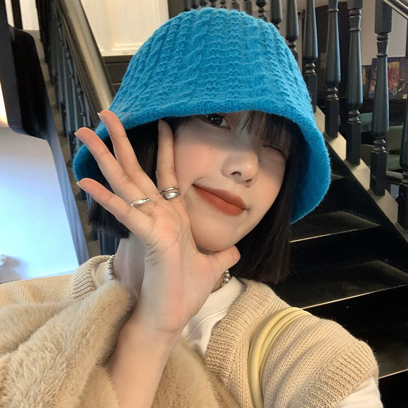 Hot selling knitted bucket hat women's versatile fisherman hat basin hat (M (56-58cm) navy blue)