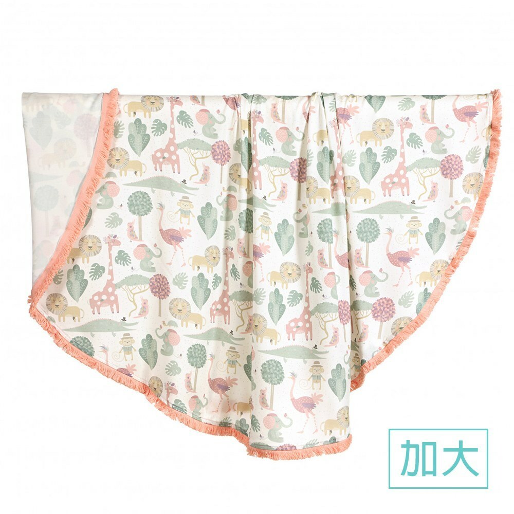 La Millou波蘭 竹纖涼感巾加大款圓形流蘇｜抗菌包巾｜動物探險隊(粉底)