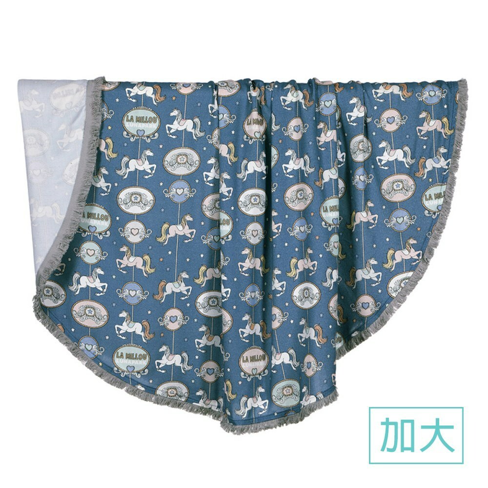 La Millou波蘭 竹纖涼感巾加大款圓形流蘇｜抗菌包巾｜旋轉小木馬(藍底)