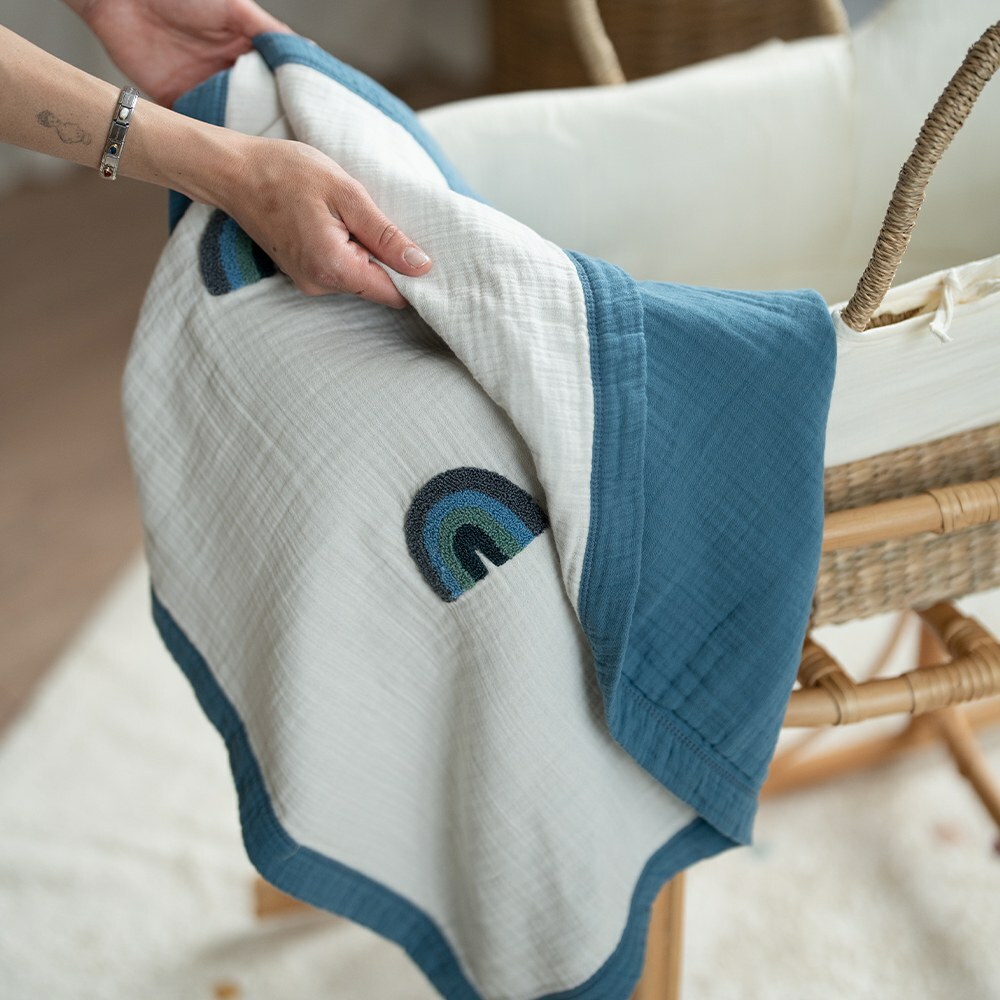 La Millou波蘭 Biscuit 100%純棉四層餅乾彩虹紗布毯(90x100cm)｜大地藍