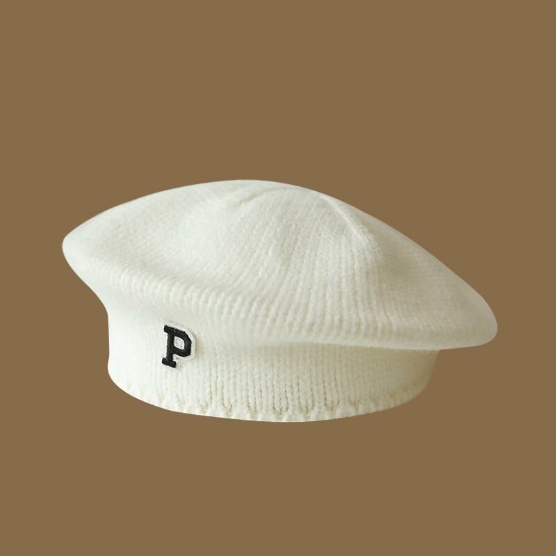 熱賣字母P標貝雷帽針織毛線畫家帽子(均碼（55-60cm）彈性頭圍 乳白色)