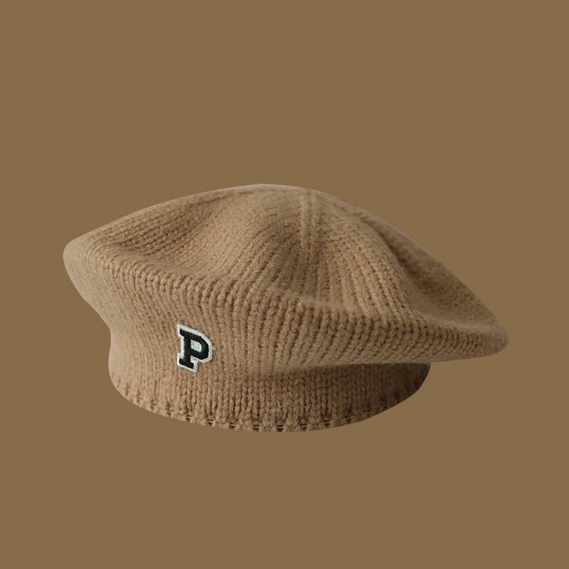 熱賣字母P標貝雷帽針織毛線畫家帽子(均碼（55-60cm）彈性頭圍 卡其色)