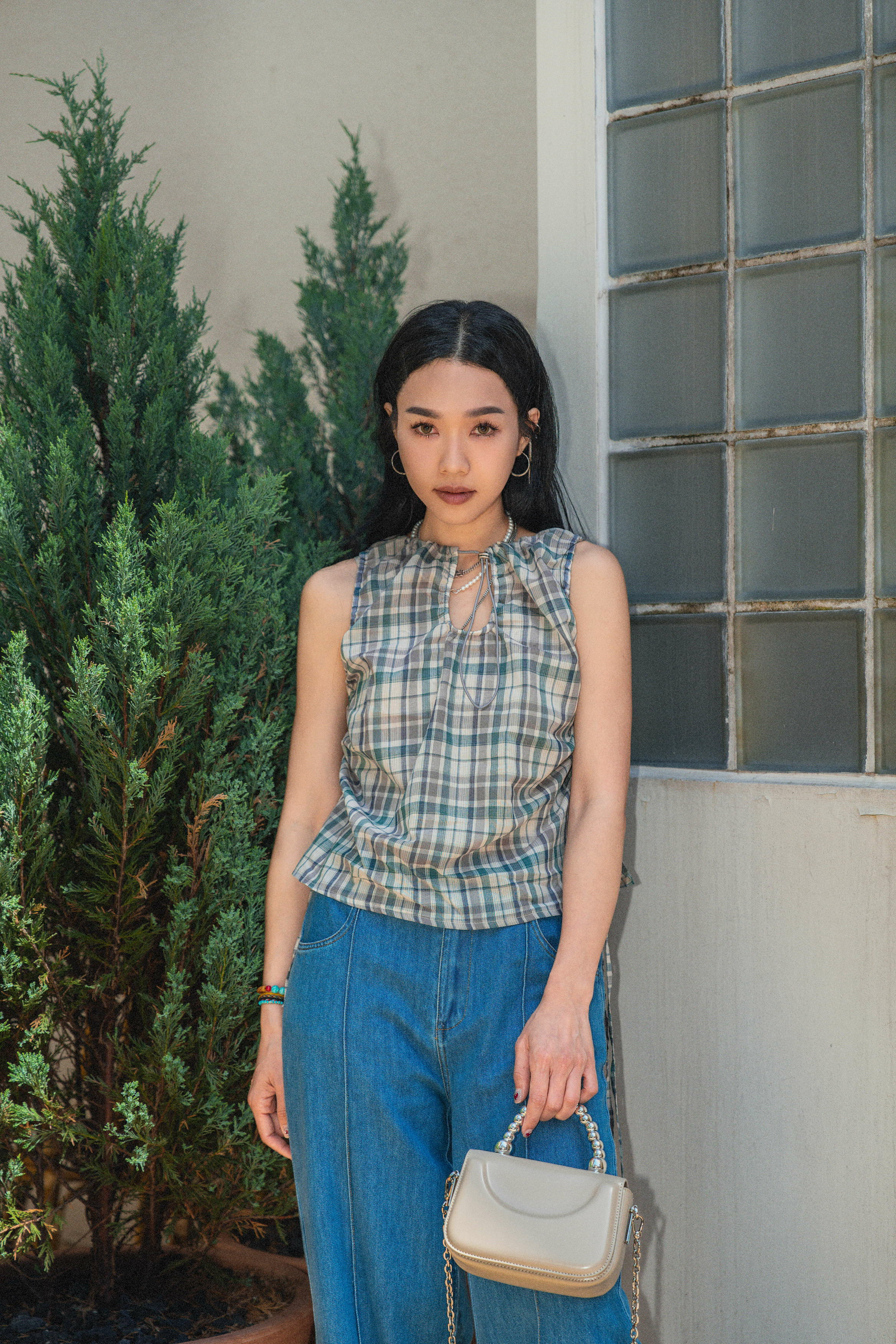 橡筋繩束領格仔背心 (現貨款式）