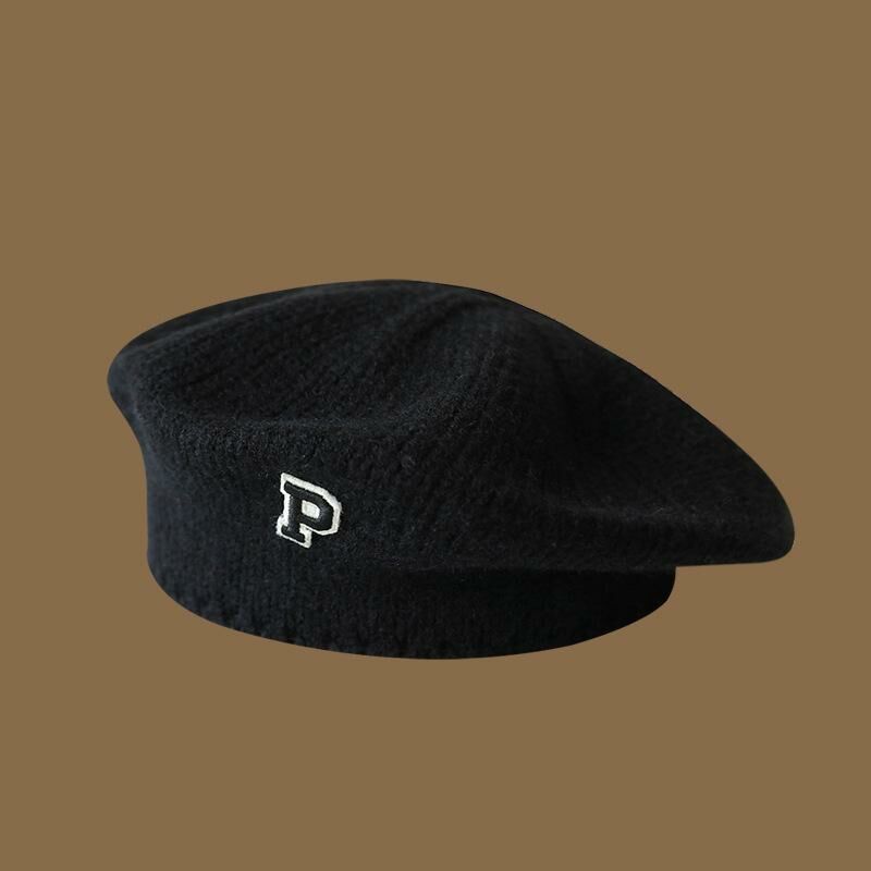 熱賣字母P標貝雷帽針織毛線畫家帽子(均碼（55-60cm）彈性頭圍 黑色)