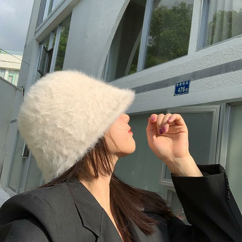 Hot selling plush fisherman hat bucket hat warm basin hat (M (56-58cm) off-white)