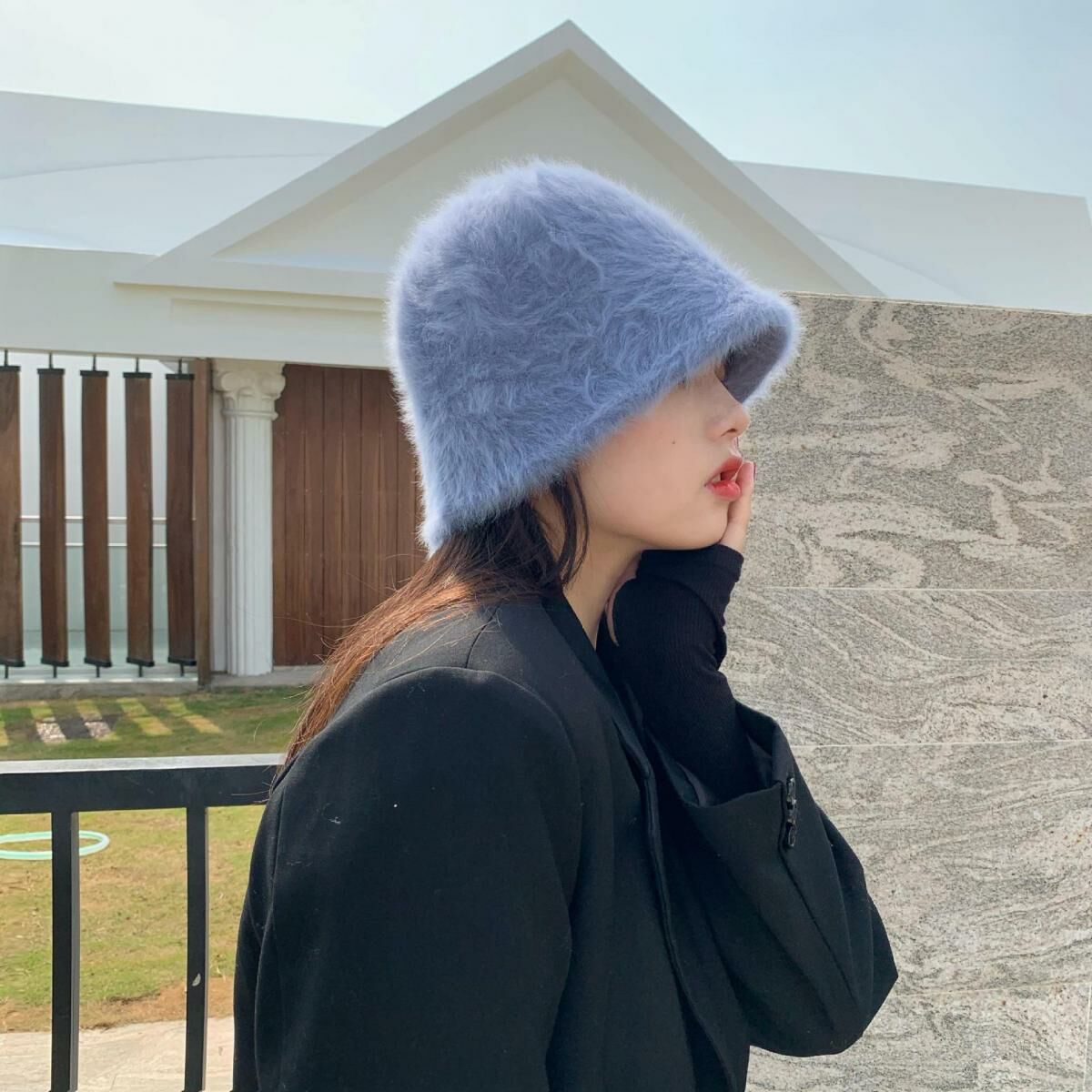 Hot selling plush fisherman hat bucket hat warm basin hat (M (56-58cm) fog blue)