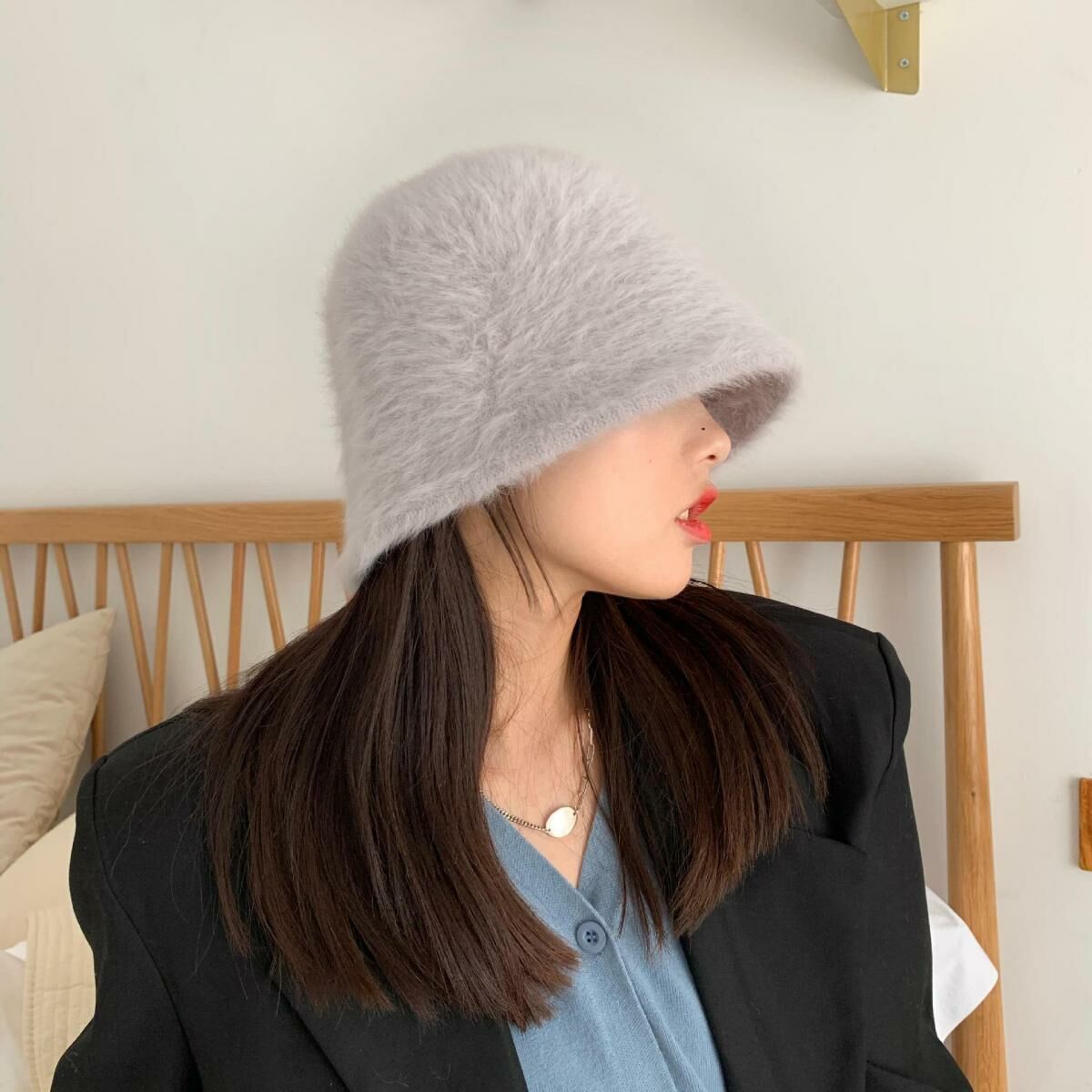 Hot selling plush fisherman hat bucket hat warm basin hat (M (56-58cm) fog gray)