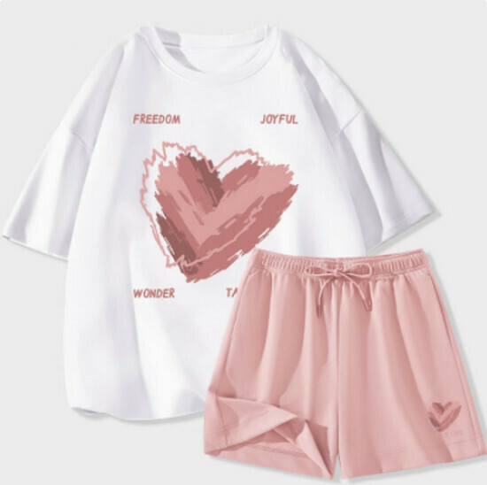 Hot selling casual sports suit [white (messy love) + pink pants] [S-2XL] (please contact customer service to confirm the delivery size after placing the order)