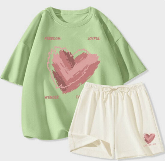 Hot selling casual sports suit [fruit green (messy love) + milky white pants] [S-2XL size] (please contact customer service to confirm the delivery size after placing the order)