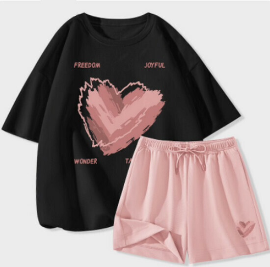 Hot selling casual sports suit [Black (messy love) + pink pants] [S-2XL size] (please contact customer service to confirm the delivery size after placing the order)