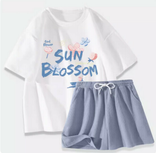 Hot selling sports suit [white (summer flowers bloom) + blue pants] [S-XL size] (please contact customer service to confirm the delivery size after placing the order)