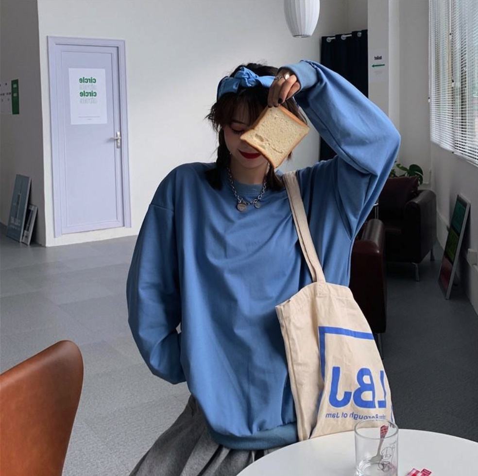 熱賣圓領長袖套頭甜酷上衣(藍色）（尺碼M-2XL）(下單後聯絡客服確認發貨尺碼）