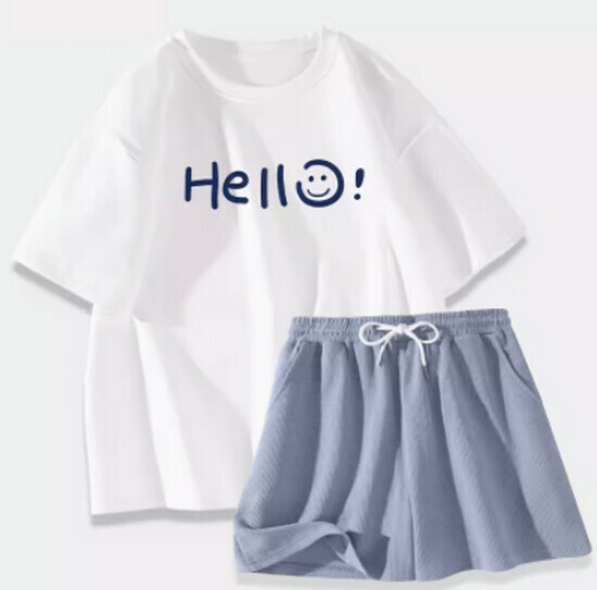 Hot Selling Sports Suit [White (Hello Smile) + Blue Pants] [S-XL] (please contact customer service to confirm the delivery size after placing the order)