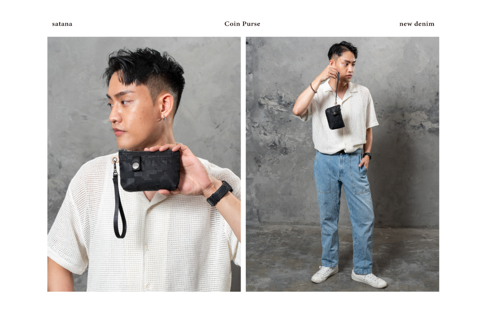 satana 黑色化妝包 萬用包 零錢包 收納包 配件包 小包包 城市光影萬用包-樂高壓紋 SOS1390-729 男生形象照