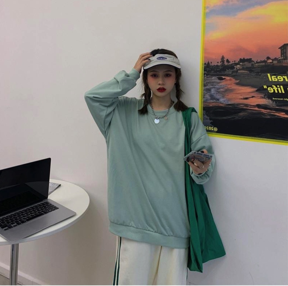 熱賣圓領長袖套頭甜酷上衣(豆綠色）（尺碼M-2XL）(下單後聯絡客服確認發貨尺碼）