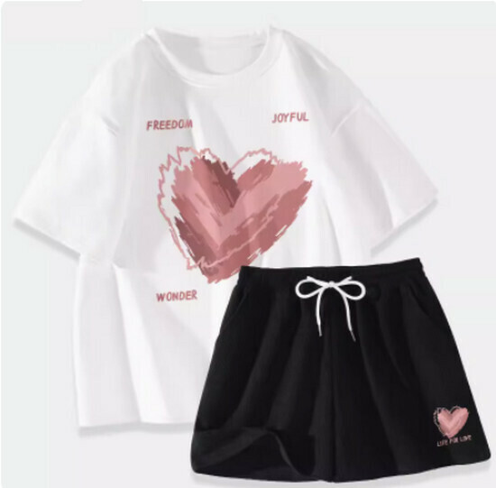 Hot selling sports suit [white (messy love) + black pants] [S-XL size] (please contact customer service to confirm the delivery size after placing the order)