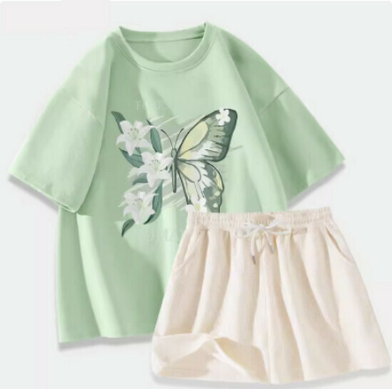 Hot selling sports suit [fruit green (lily butterfly) + milky white pants] [S-XL size] (please contact customer service to confirm the delivery size after placing the order)