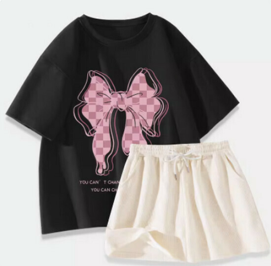 Hot selling sports suit [black (big bow) + milk white pants] [S-XL size] (please contact customer service to confirm the delivery size after placing the order)