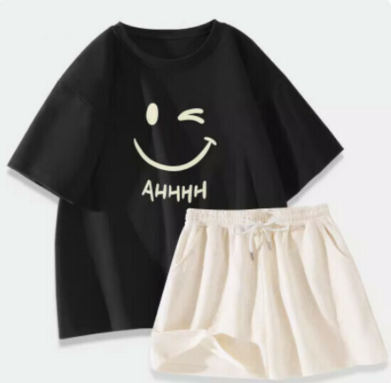 Hot Selling Sports Suit [Black (Haha Smiling Face) + Cream Pants] [S-XL Size] (Please contact customer service to confirm the delivery size after placing the order)