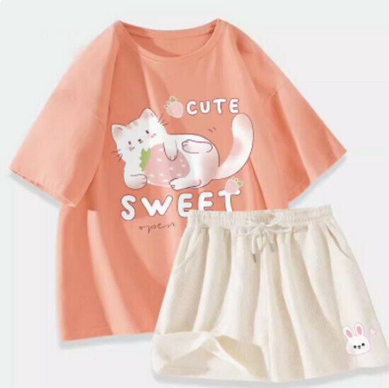 Hot selling sports suit [orange pink (strawberry cat) + milk white pants] [S-2XL size] (please contact customer service to confirm the delivery size after placing the order)