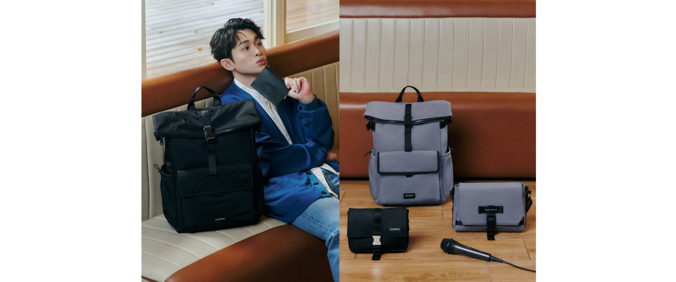 博恩手拿工作用的靈感筆記本，坐在沙發上，旁邊擺著ROBINMAY EVOLUTION 聯名後背包。