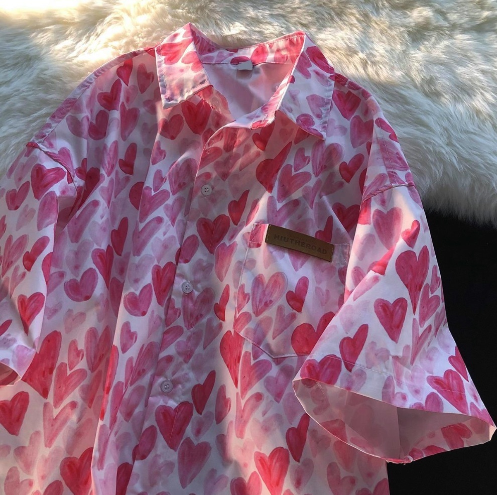 熱賣滿身愛心印花襯衫(粉色）（尺碼M-XL）(下單後聯絡客服確認發貨尺碼）
