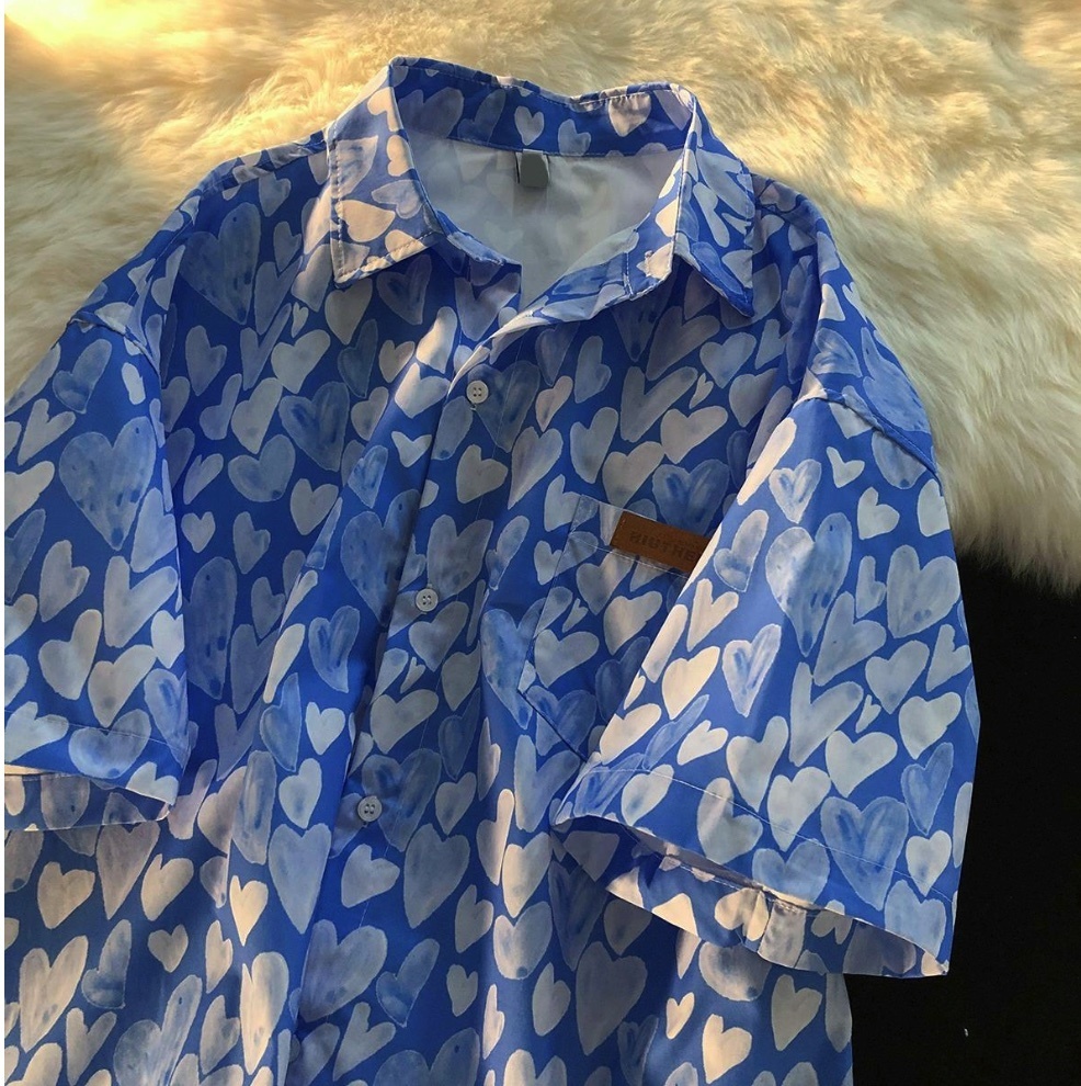 熱賣滿身愛心印花襯衫(藍色）（尺碼M-XL）(下單後聯絡客服確認發貨尺碼）