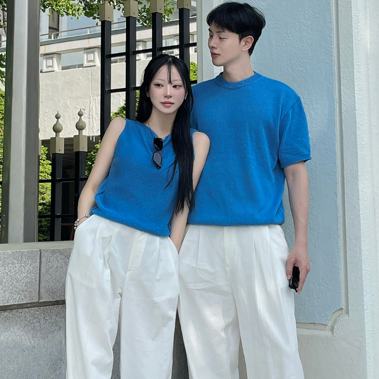 韓系簡約針織情侶穿搭｜短袖 / 背心 (三色)