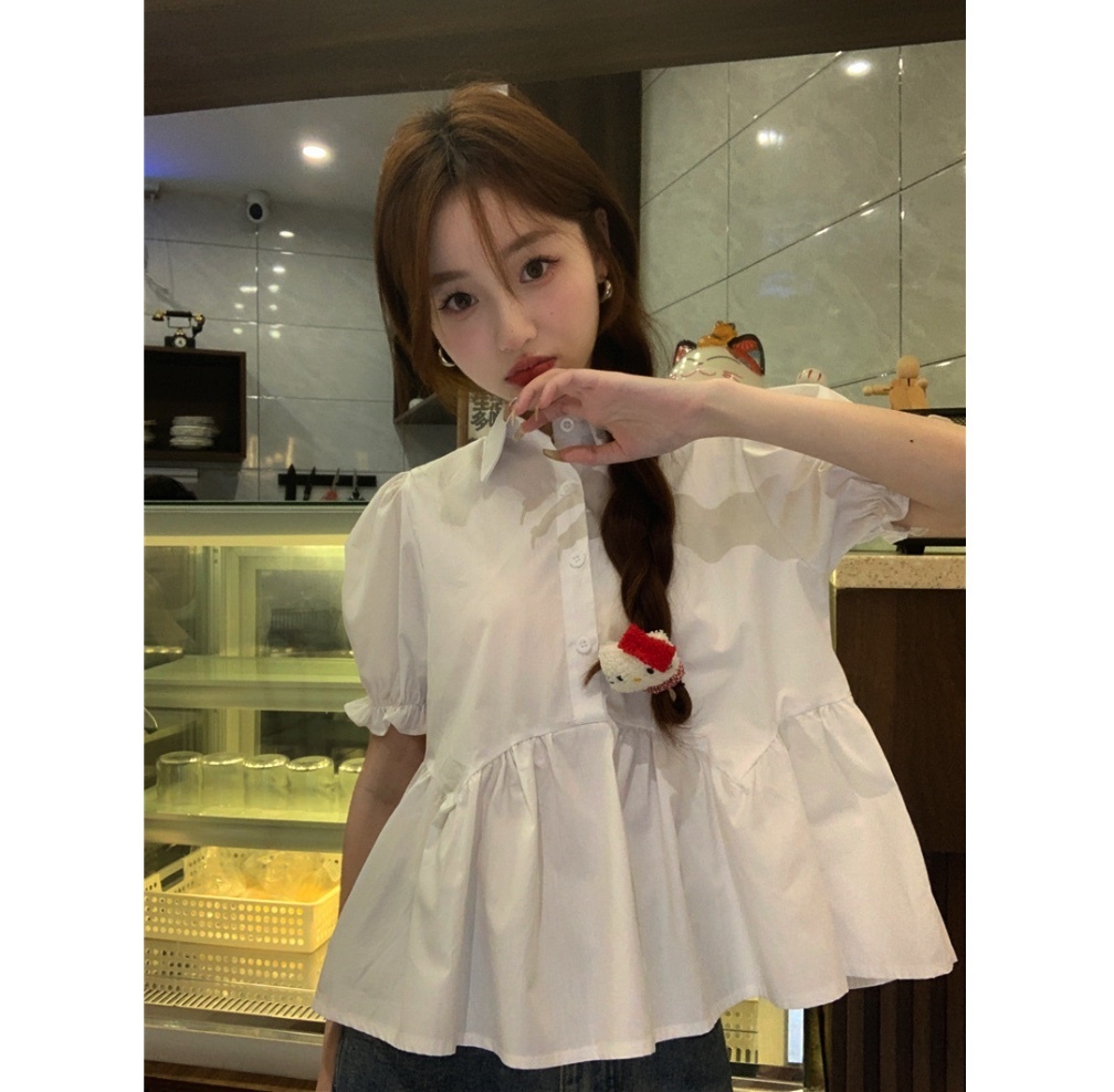 Hot Selling Sweet Lapel Puff Sleeve Shirt Women (White) (Size: One Size)