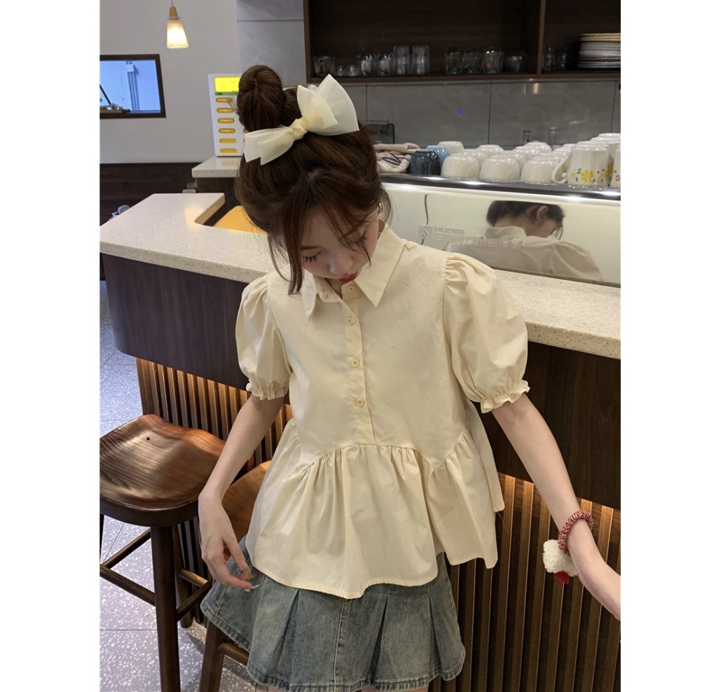 Hot Selling Sweet Lapel Puff Sleeve Shirt Women (Apricot) (Size: One Size)