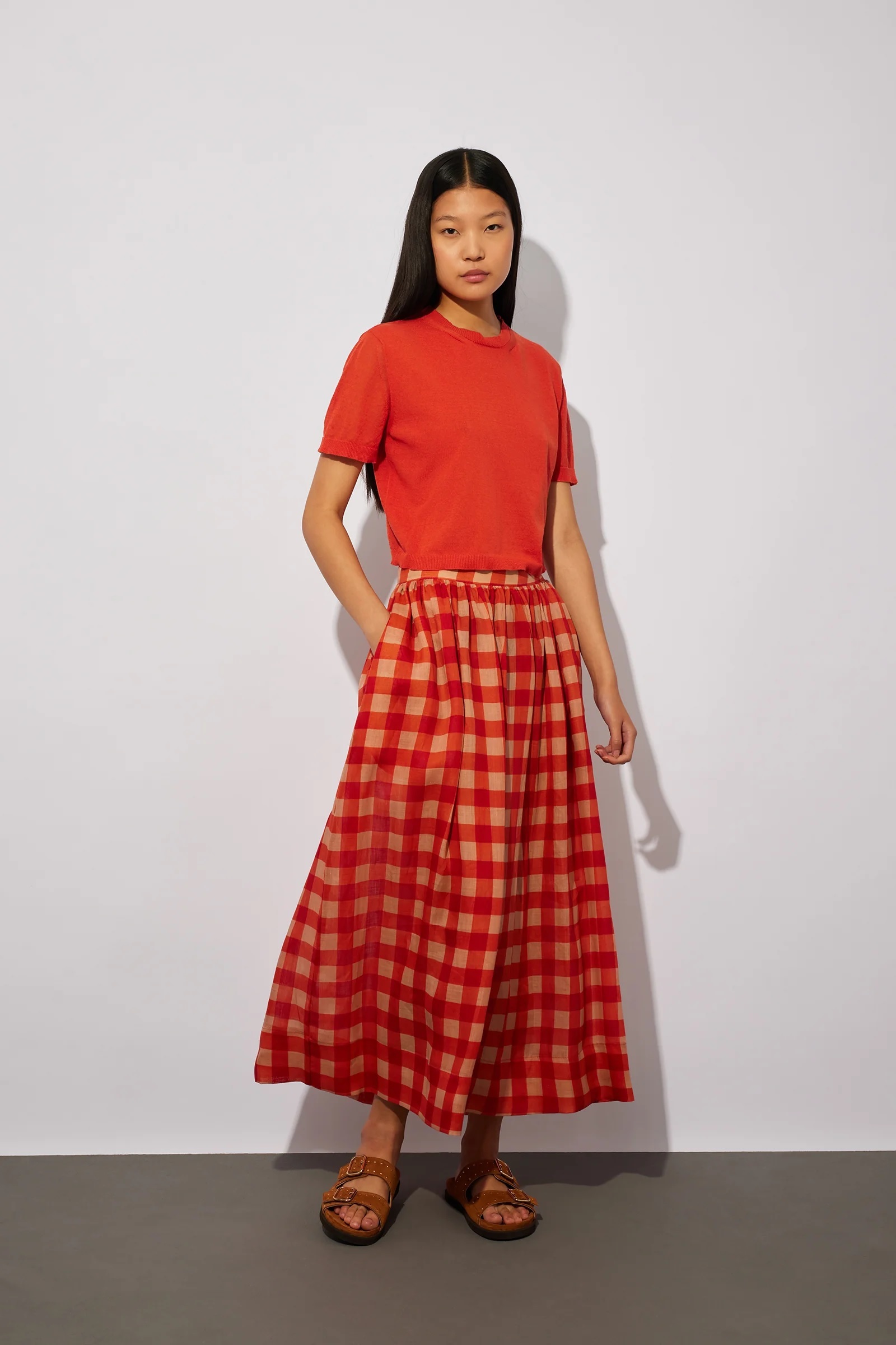 Semicouture 格紋圓裙(橘紅)
