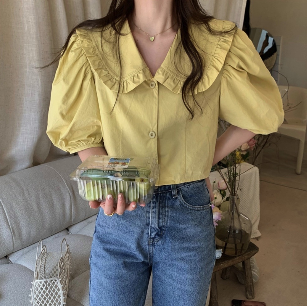 Hot selling doll collar lantern sleeve shirt for women (cream yellow) (size: one size fits all)