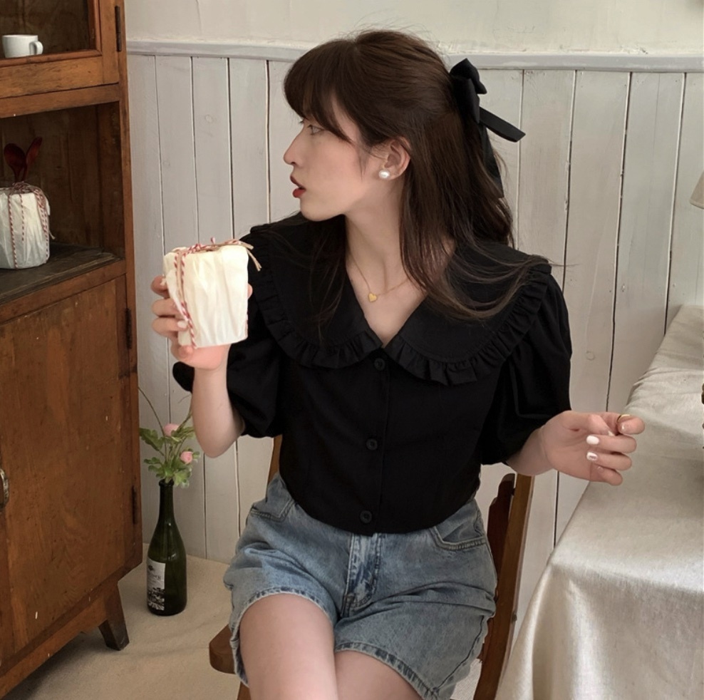 Hot selling doll collar lantern sleeve shirt for women (truffle black) (size: one size fits all)