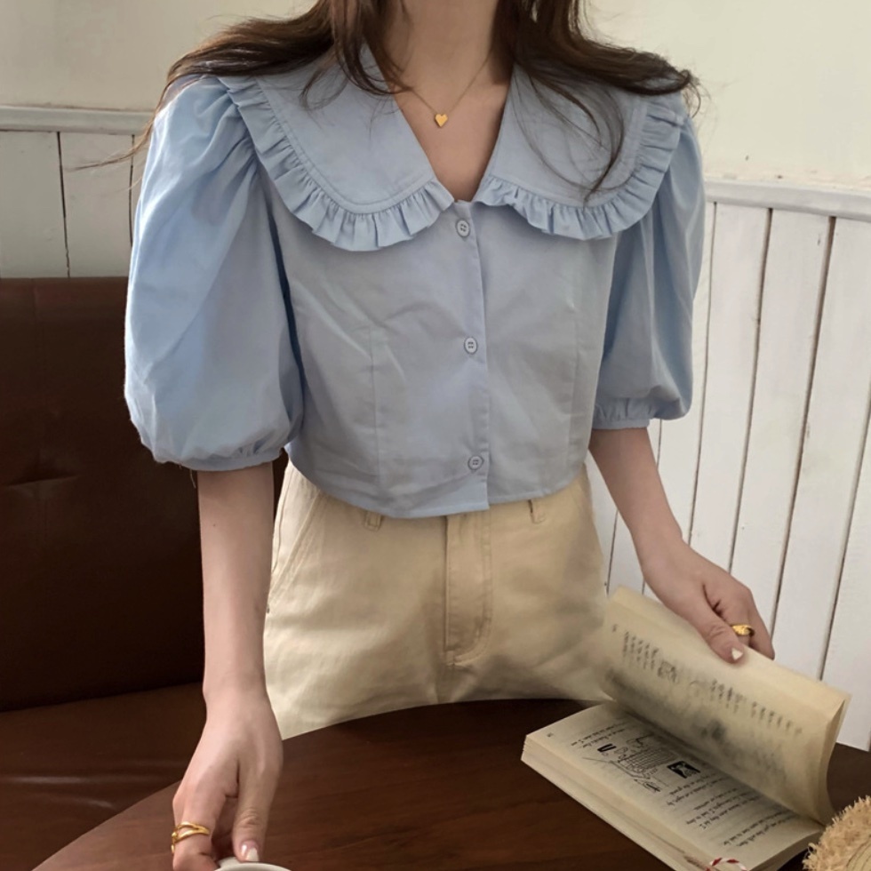 Hot Selling Doll Collar Lantern Sleeve Shirt for Women (Sea Salt Blue) (Size: One Size)