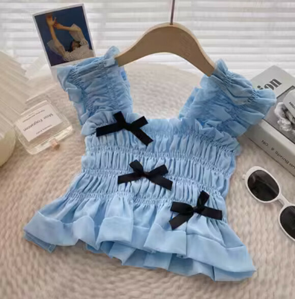 Ruffled bow square neck sleeveless vest (blue) [one size]