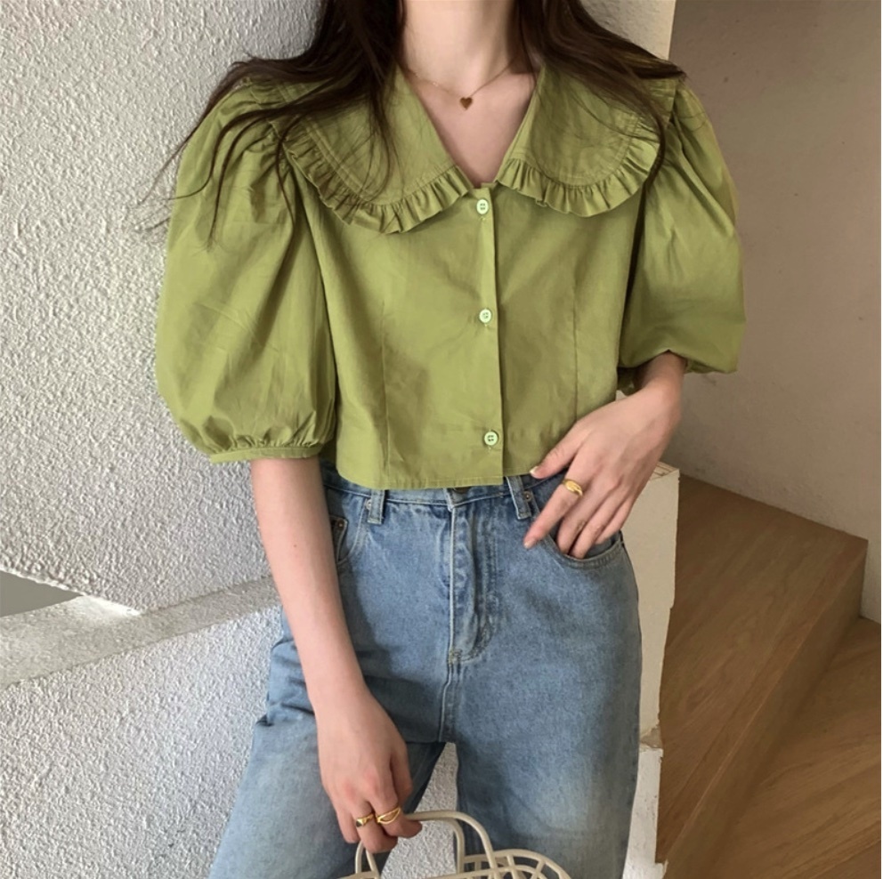 Hot Selling Doll Collar Lantern Sleeve Shirt for Women (Springfield Green) (Size: One Size)