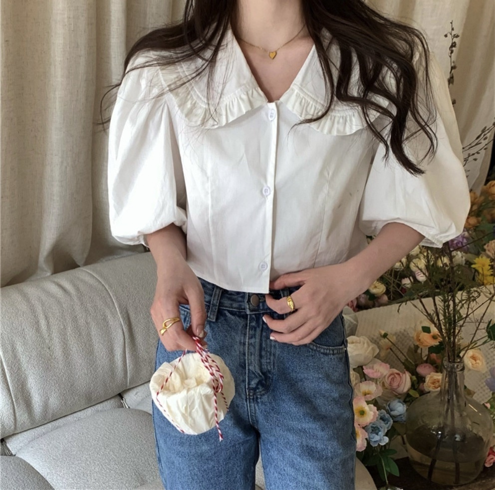 Hot Selling Doll Collar Lantern Sleeve Shirt for Women (Pearl White) (Size: One Size)