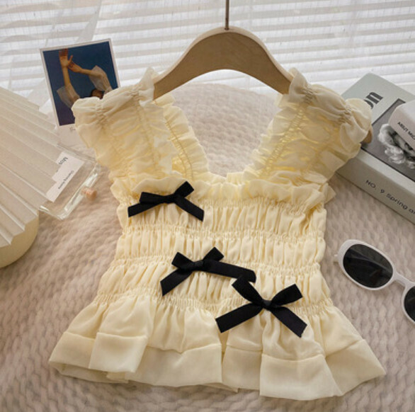 Ruffled bow square neck sleeveless vest (yellow) [one size]
