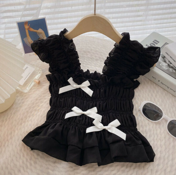 Ruffled bow square neck sleeveless vest (black) [one size]