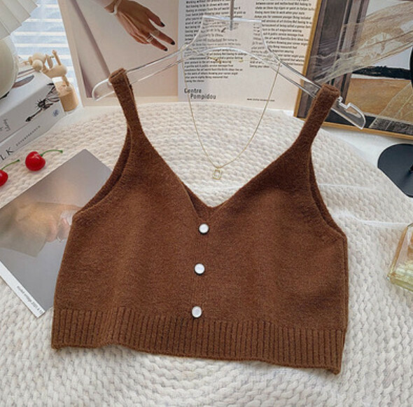 Autumn short knitted vest vest (brown) [one size]