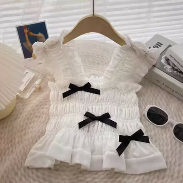Ruffled bow square neck sleeveless vest (white) [one size]