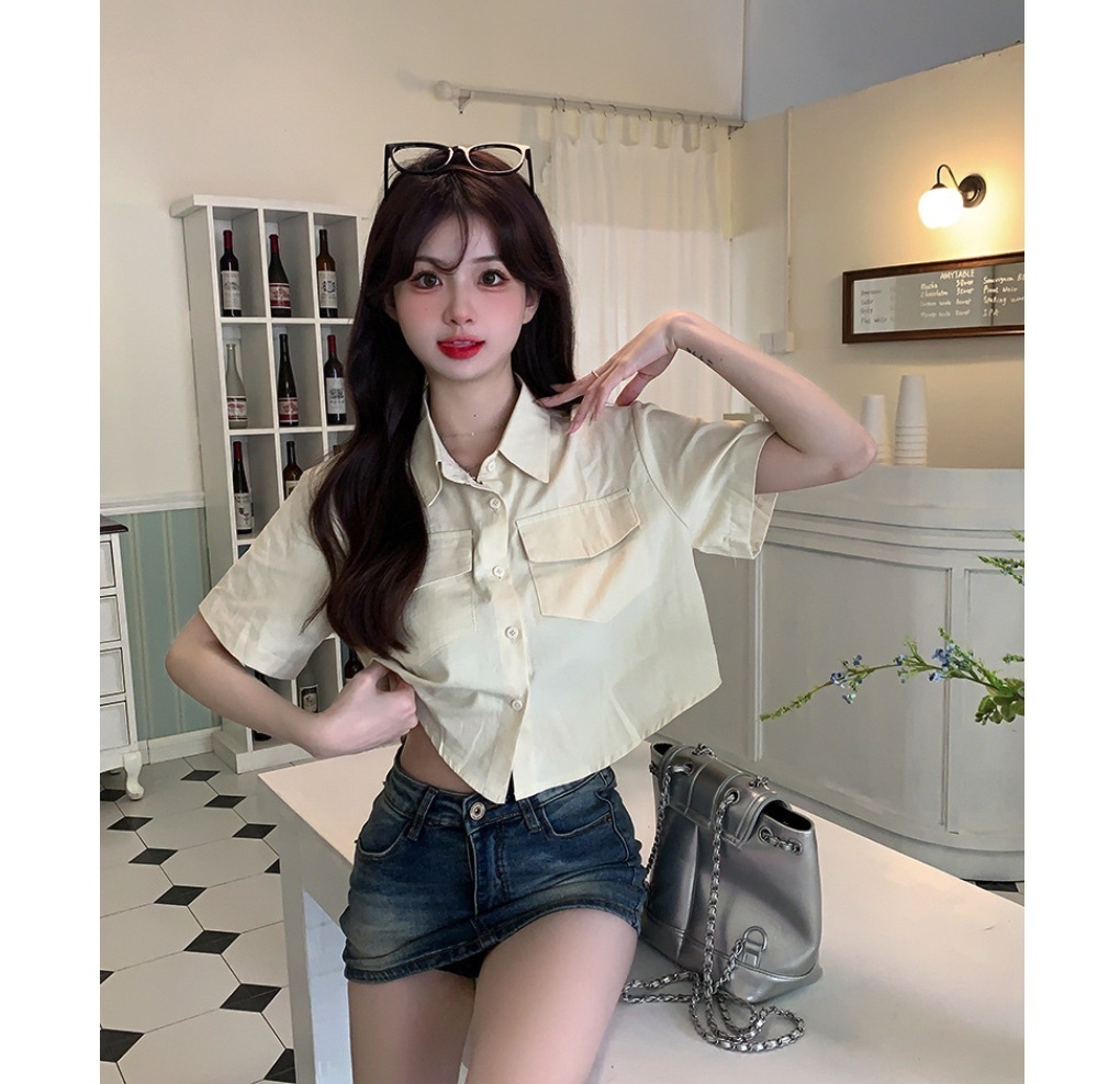 Hot Selling College Style Polo Collar Short Sleeve Shirt for Women (Apricot) (Size: One Size)