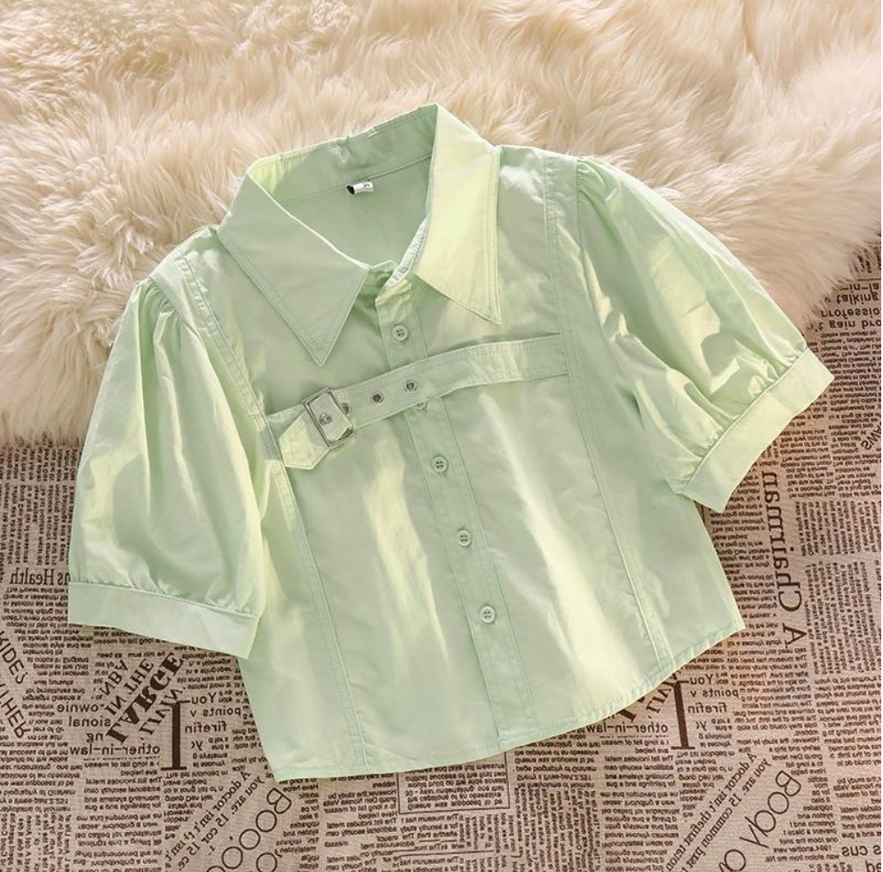Hot selling lapel puff short-sleeved shirt (light green) (size: one size fits all)