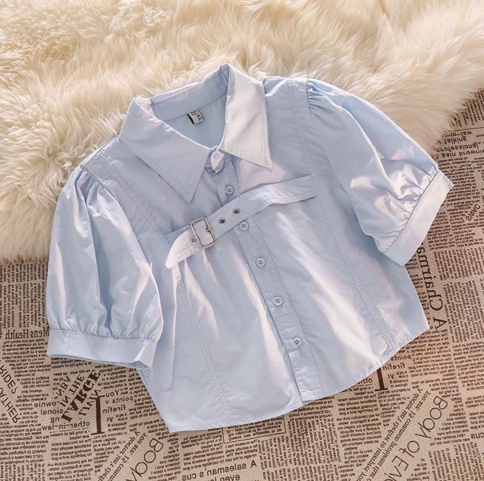 Hot Selling Lapel Puff Short Sleeve Shirt (Light Blue) (Size: One Size)